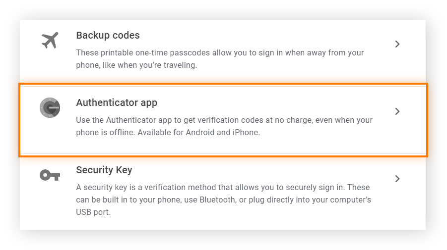 Google 帐户双重验证部分中的验证选项