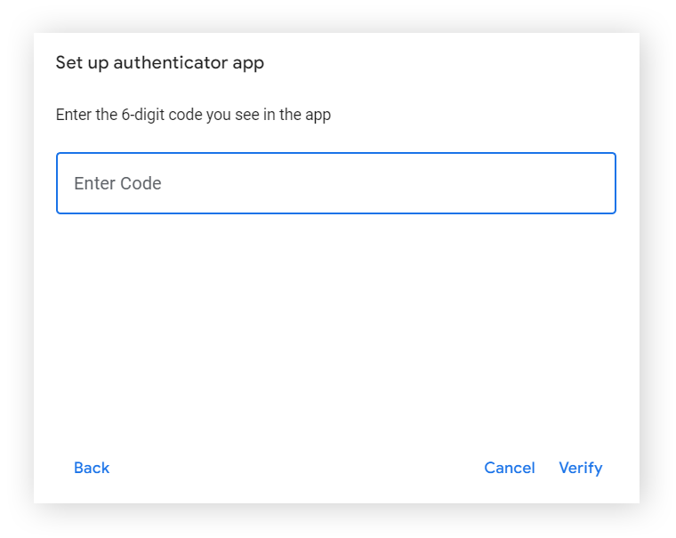输入 Google Authenticator 应用程式中的代码的萤幕